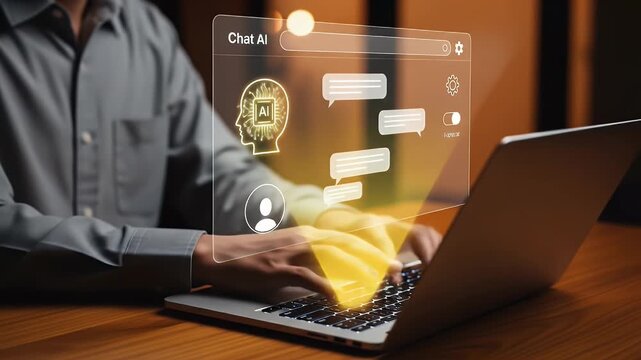 Chat Bot Chat with AI or Artificial Intelligence technology. Woman using a laptop computer chatting with an intelligent artificial intelligence asks for the answers he wants. ChatGPT,