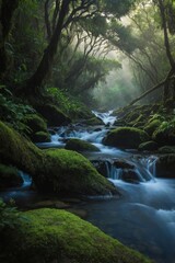 Obraz premium Lush green forest scene with a flowing stream and moss-covered rocks