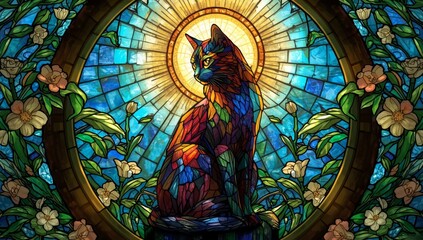 Stained glass cat with floral accents in a vibrant, colorful design