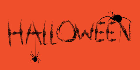 Handwritten Halloween lettering, Happy Halloween card design, pen-and-ink text, grunge style, scribbles. Scary horror font, poisonous spiders, black widow, danger, fear, orange background, boo