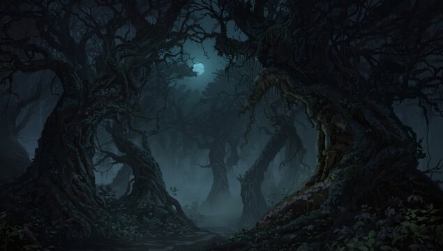 Mysterious forest scene with gnarled trees, full moon, and a path leading into the darkness - Powered by Adobe