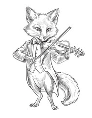 A little fox in a tuxedo plays the violin. Vector illustration.