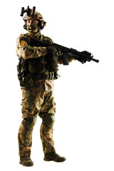 Military soldier in full combat gear holding a firearm on white background