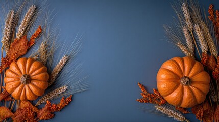 Dark background, with autumn elements such as pumpkins, leaves, and wheat in the corners. Autumn elements are arranged along the edges, leaving space for text or design.