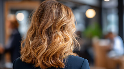 Rear three quarter view of woman's head showcasing dimensional blonde highlights and caramel lowlights individual color strands visible busy salon with stylists and clients