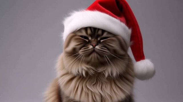A fluffy persian cat in a santa hat sits on a light grey background, squinting playfully with gentle foggy breath, conveying cozy and mysterious festive affection.