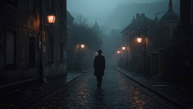 mysterious figure walks down a cobblestone street at night