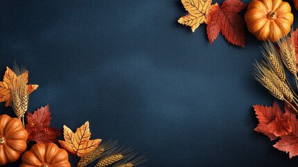 Dark background, with autumn elements such as pumpkins, leaves, and wheat in the corners. Autumn elements are arranged along the edges, leaving space for text or design.