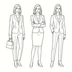 Businesswoman character illustration in formal outfit, elegant hand-drawn style for corporate design or editorial projects.