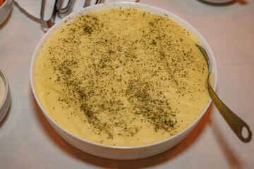 Mashed potatoes in bowl. Healthy food