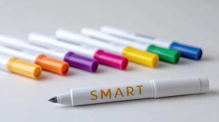 Fototapeta premium Colorful Markers Displayed on Table with White Background and a Smart Marker in the Foreground