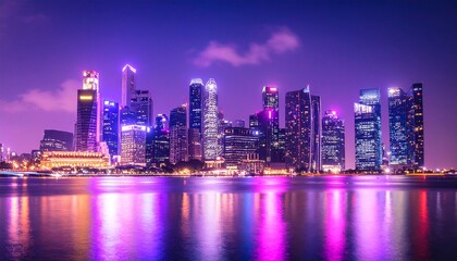Obraz premium Vibrant City Skyline Illuminated in Purple and Pink Reflected in Water at Night