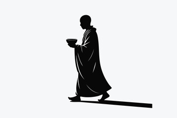Silhouette of a buddhist monk walking with a bowl isolated on white background