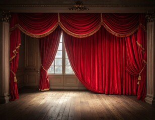 An opulent, draped stage set featuring rich red curtains and wooden floor