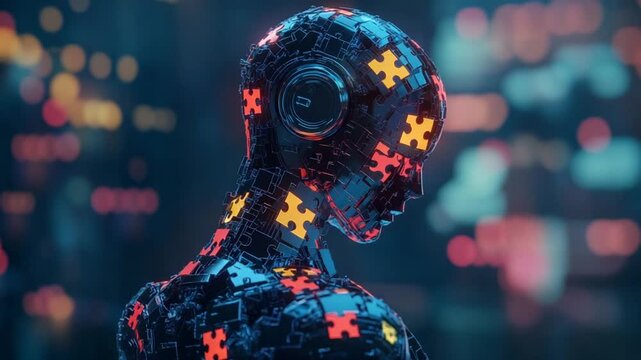 Futuristic humanoid figure with digital puzzle patterns