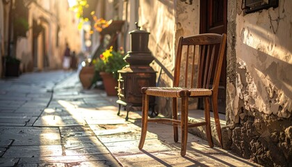 Rustic Wooden Chair Bathed in Warm Golden Sunlight on a Cobblestone Street in a European Village