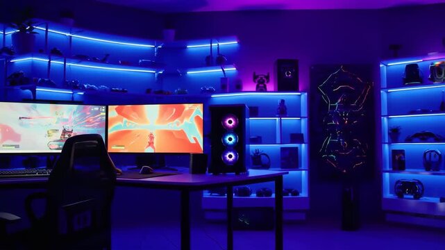 A brightly lit gamer's room with RGB lighting