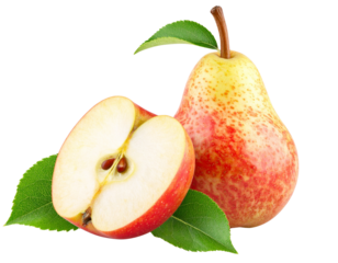  Sliced Pear and Apple with Leaves, Side Angle, Transparent Background