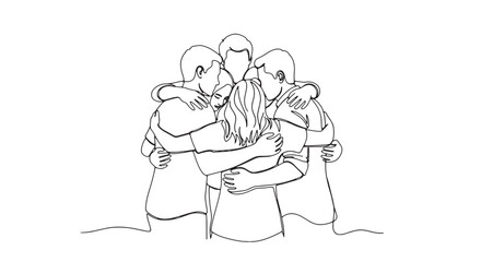 Group of friends hugging continuous line drawing vector illustration for teamwork and support
