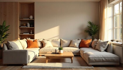 Obraz premium Serene Living Room Interior Soft Lighting, Plush Textures, and Comfortable Furniture Create a Relaxing Atmosphere Perfect for Home Decor and Hygge Themes