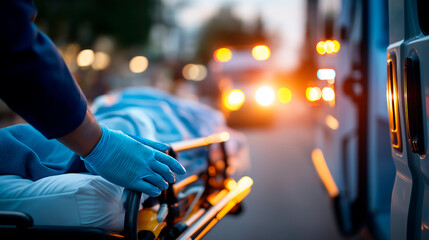Paramedic's hands in blue medical gloves pushing wheeled stretcher with patient covered in blanket toward open ambulance doors medical equipment visible on stretcher road scene