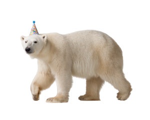 Funny white polar bear wearing colorful party hat for festive celebration. humorous animal concept isolated on transparent background, perfect for birthday party