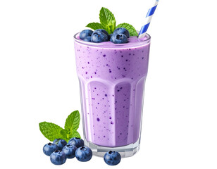  Tall Glass of Blueberry Smoothie with Straw and Garnish, Transparent Background