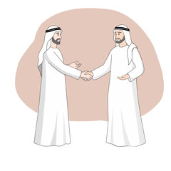 Arab Muslim men shaking hands wearing traditional clothing illustration