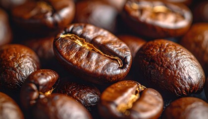 Close up macro shot of roasted coffee beans with rich brown color and textured surface showing golden highlights and deep shadows in warm ambient light