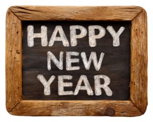 Happy new year greeting message on rustic vintage chalkboard sign. Festive holiday celebration concept on wood frame blackboard for joyful seasonal welcome