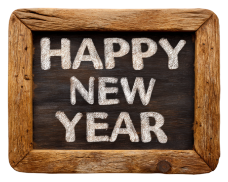 Happy new year greeting message on rustic vintage chalkboard sign. Festive holiday celebration concept on wood frame blackboard for joyful seasonal welcome