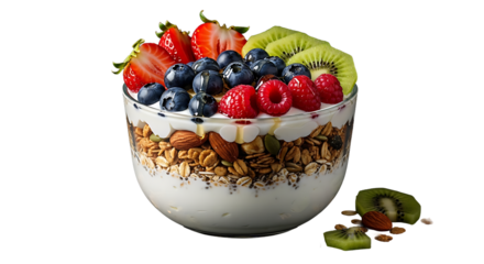 Granola and yogurt parfait with fruit topping on transparent background