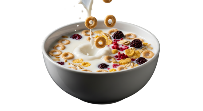 Fresh breakfast cereal, milk splash, fruit and loops floating on transparent background