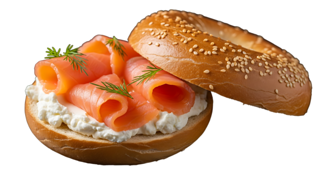 Delectable lox bagel adorned with dill on a transparent background