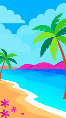 Obraz premium Bright and colorful tropical beach scene with palm trees and ocean waves