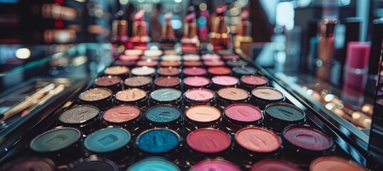 Close up of luxurious makeup products on a glass table for high end beauty industry display