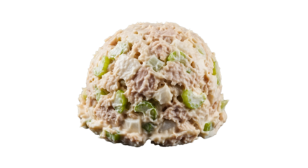 Delicious tuna salad scoop with celery and egg on transparent background