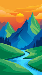 Stylized mountain landscape with a winding river at sunset