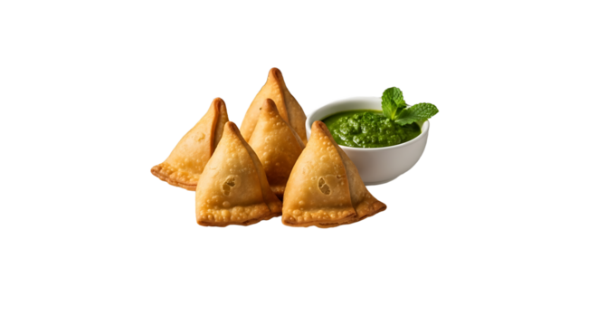 Golden samosas with vibrant mint chutney on a white plate on transparent background - Powered by Adobe