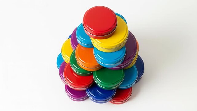 A vibrant pyramid of colorful round metal tins, stacked and overlapping on a white background