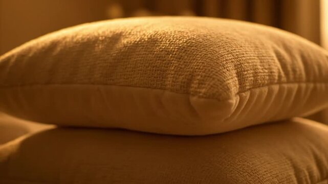 Two soft, textured beige pillows are neatly stacked under warm, inviting light.