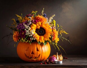 Carved pumpkin with colorful fall flowers and assorted gourds
