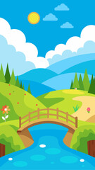 Charming cartoon landscape with a wooden bridge over a blue river and rolling green hills under a bright sun and blue sky