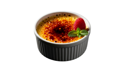 Exquisite creme brulee with raspberry and mint garnish on transparent background