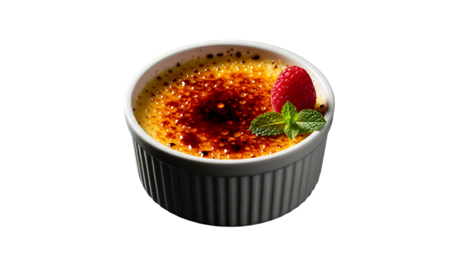Exquisite creme brulee with raspberry and mint garnish on transparent background - Powered by Adobe