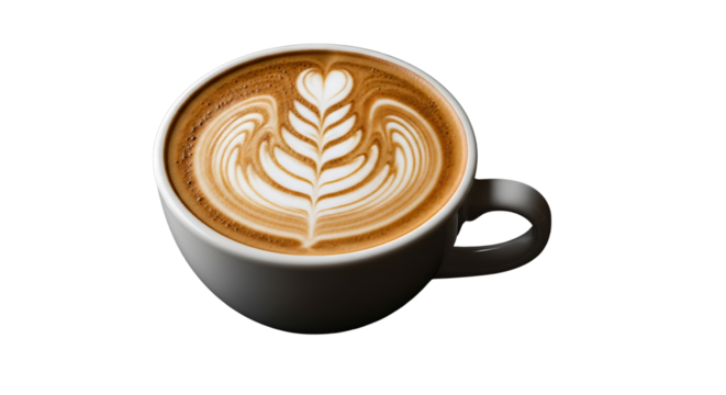 Latte art displaying heart and leaves in white cup on transparent background
