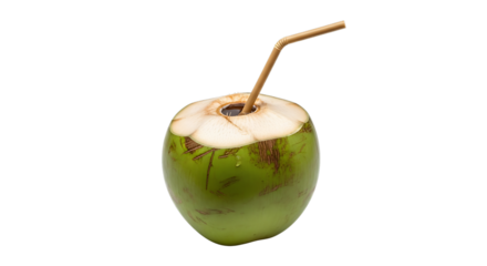 Refreshing green coconut with drinking straw ready to serve on transparent background