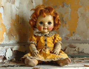 An old doll with orange hair sits in front of cracked, peeling walls