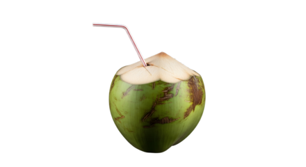Fresh green coconut with striped straw ready to drink on transparent background