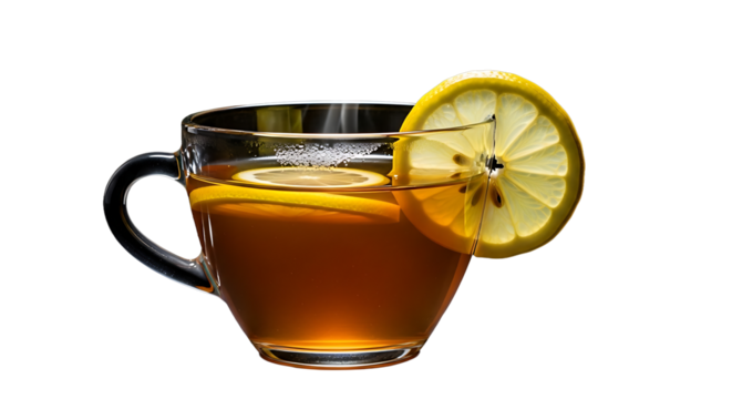Steaming clear teacup filled with lemon tea, beautifully isolated on transparent background - Powered by Adobe